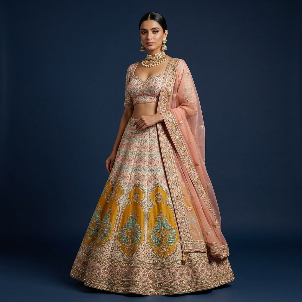 The Ethereal Radiance – Hand-Embroidered Silk Bridal Lehenga in Grey Beige