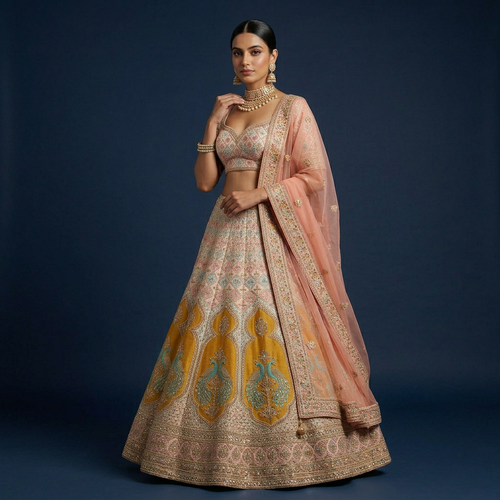 The Ethereal Radiance – Hand-Embroidered Silk Bridal Lehenga in Grey Beige