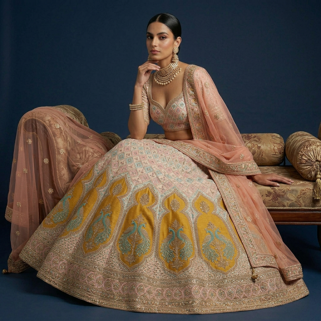 The Ethereal Radiance – Hand-Embroidered Silk Bridal Lehenga in Grey Beige