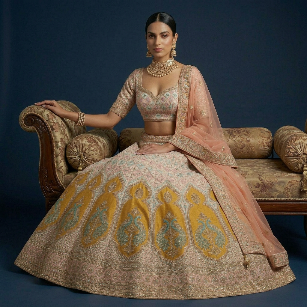 The Ethereal Radiance – Hand-Embroidered Silk Bridal Lehenga in Grey Beige