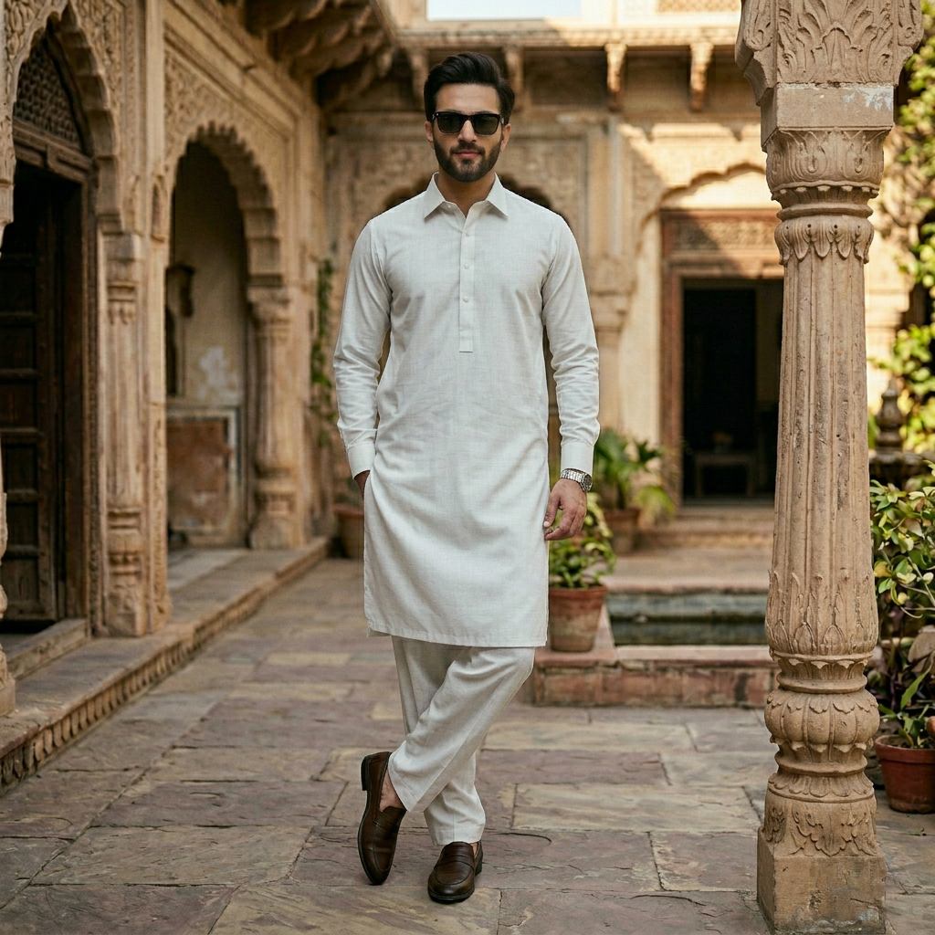 Elegant Off-Cream Boski Silk Pathani Suit for Men – Classic Sophistication & Comfort