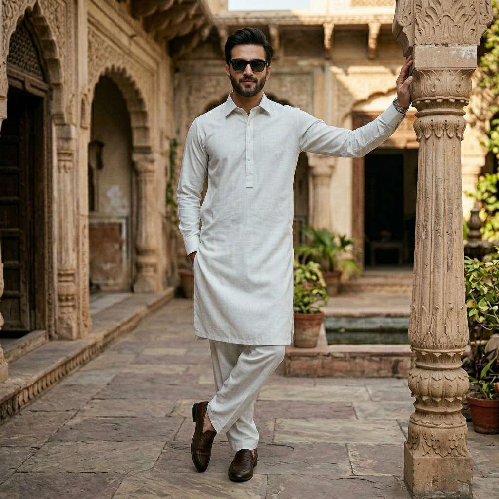 Elegant Off-Cream Boski Silk Pathani Suit for Men – Classic Sophistication & Comfort