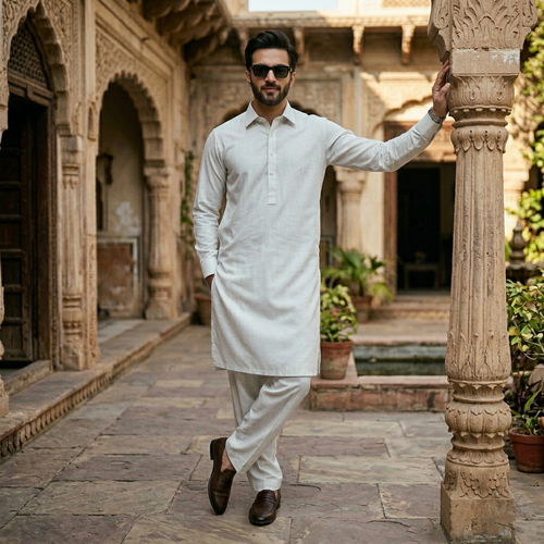 Elegant Off-Cream Boski Silk Pathani Suit for Men – Classic Sophistication & Comfort