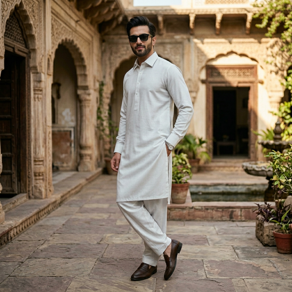 Elegant Off-Cream Boski Silk Pathani Suit for Men – Classic Sophistication & Comfort