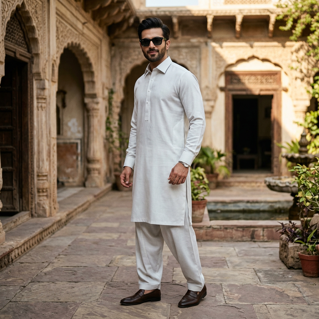 Elegant Off-Cream Boski Silk Pathani Suit for Men – Classic Sophistication & Comfort